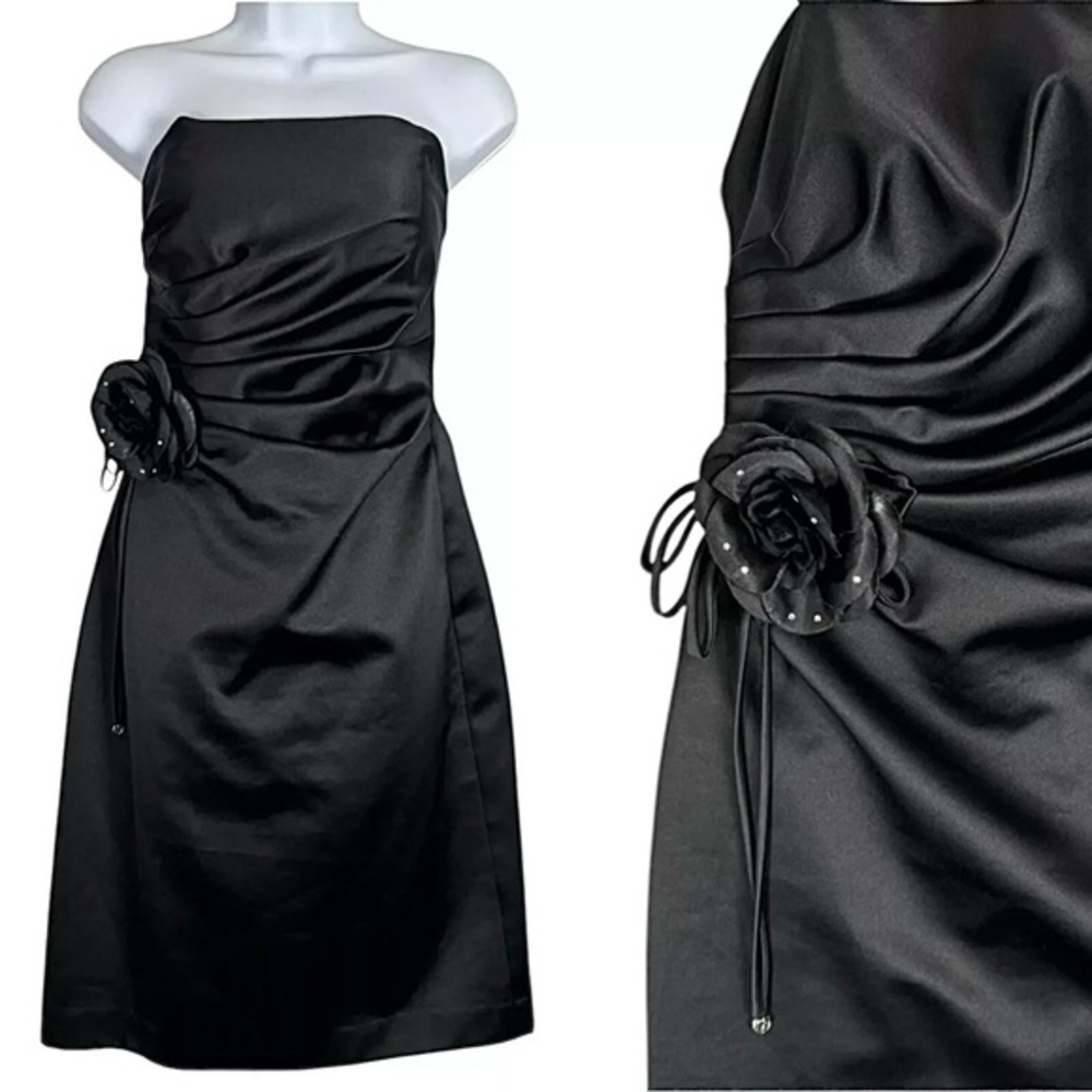 ABS‎ EVENING Allen Schwartz Black Strapless Sheath Dress 8 Ruched Cocktail vTG